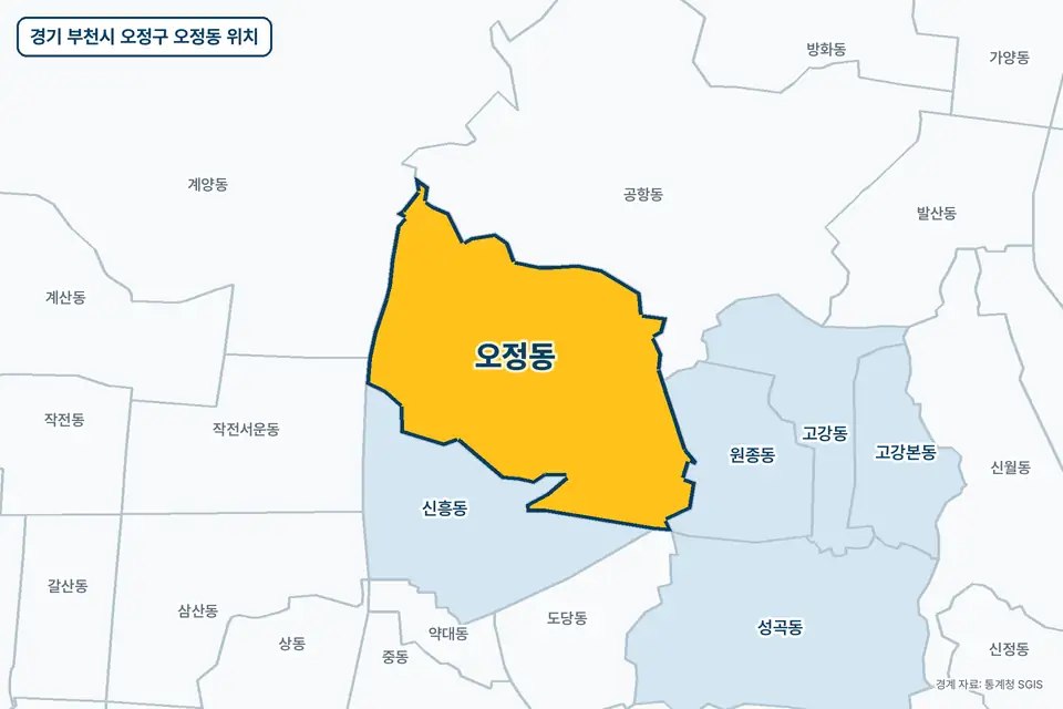 경기 부천시 오정구 오정동 지도 그림. 가운데 노란 부분이 오정동이고 주변에 신흥동, 공항동, 계양동, 원종동이 보인다.