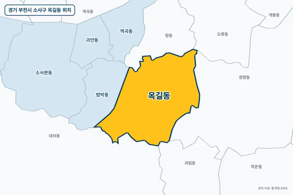 노란색으로 표시한 경기 부천시 소사구 옥길동과 그 둘레의 광명동, 항동, 대야동, 범박동을 그린 지도 그림.