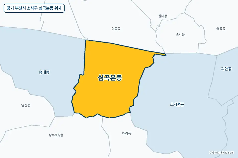 노란색으로 표시한 경기 부천시 소사구 심곡본동과 그 둘레의 심곡동, 소사본동, 송내동, 장수서창동을 그린 지도 그림.