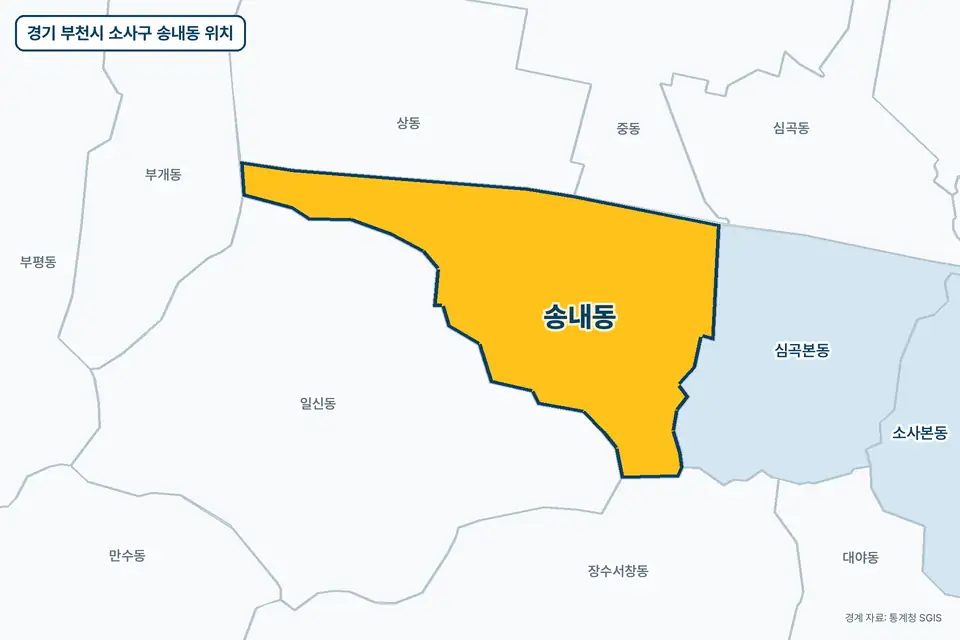 경기 부천시 소사구 송내동 위치 지도. 노란색으로 칠한 송내동 둘레에 일신동, 상동, 심곡본동, 중동 이름이 적혀 있다.