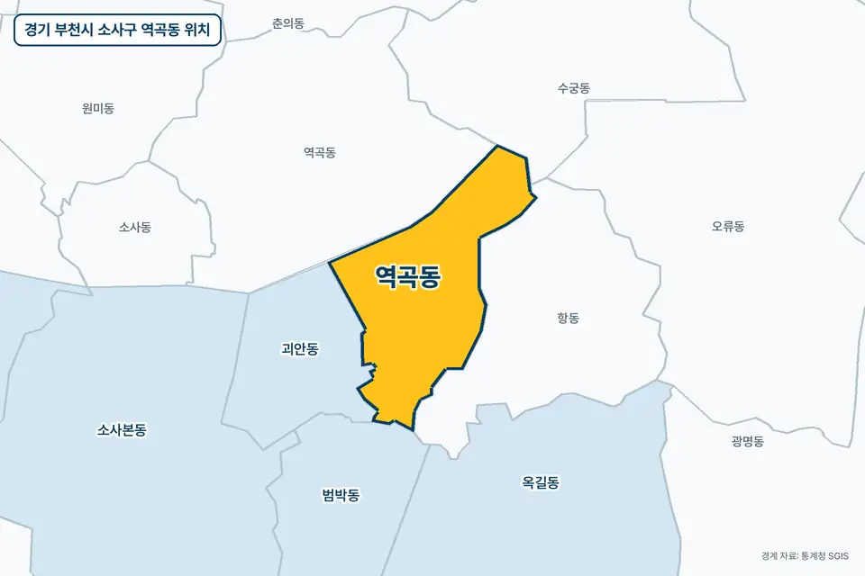 경기 부천시 소사구 역곡동 지도 그림. 가운데 노란 부분이 역곡동이고 주변에 항동, 역곡동, 괴안동, 수궁동이 보인다.