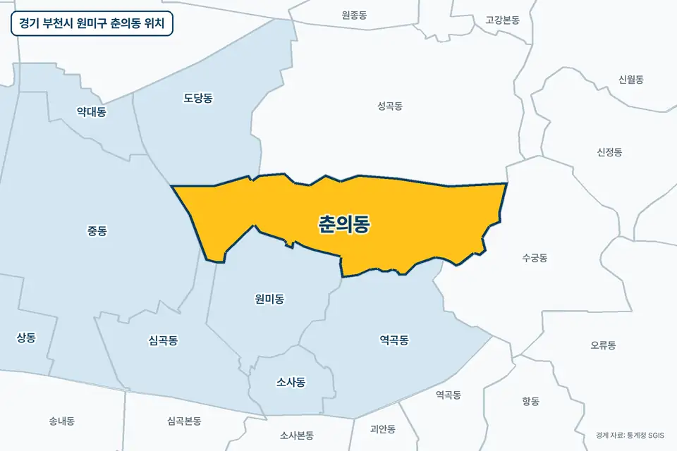 경기 부천시 원미구 춘의동 지도 그림. 가운데 노란 부분이 춘의동이고 주변에 성곡동, 원미동, 수궁동, 역곡동이 보인다.