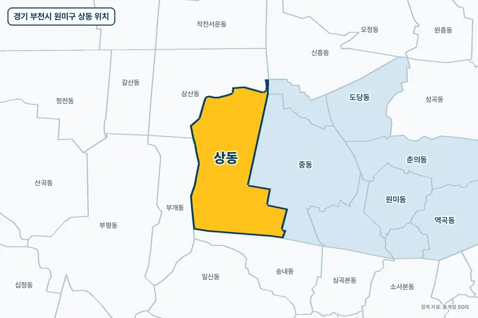 노란색으로 표시한 경기 부천시 원미구 상동과 그 둘레의 중동, 삼산동, 송내동, 부개동을 그린 지도 그림.