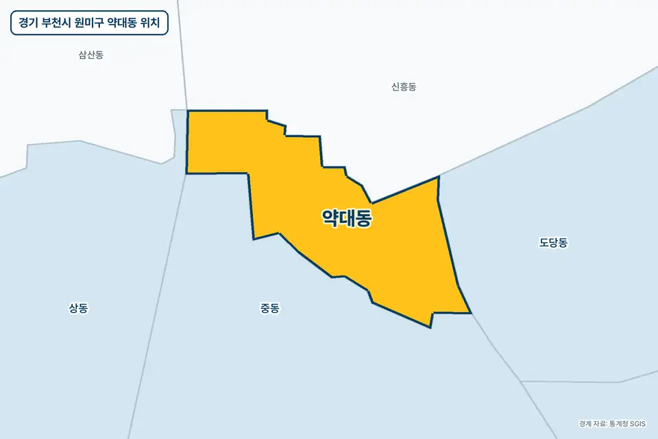 경기 부천시 원미구 약대동 지도 그림. 가운데 노란 부분이 약대동이고 주변에 중동, 신흥동, 도당동, 상동이 보인다.