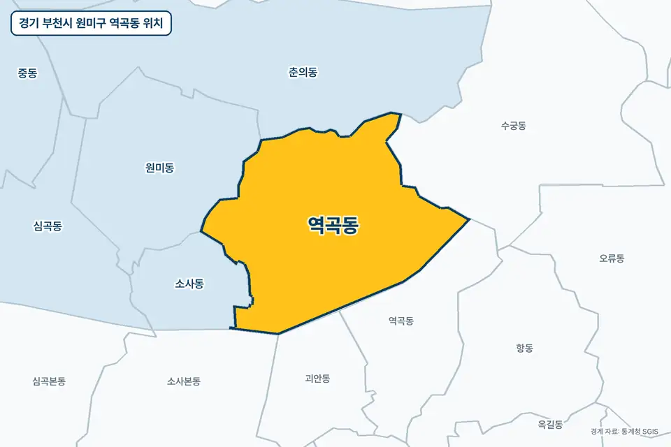 노란색으로 표시한 경기 부천시 원미구 역곡동과 그 둘레의 역곡동, 춘의동, 수궁동, 소사동을 그린 지도 그림.