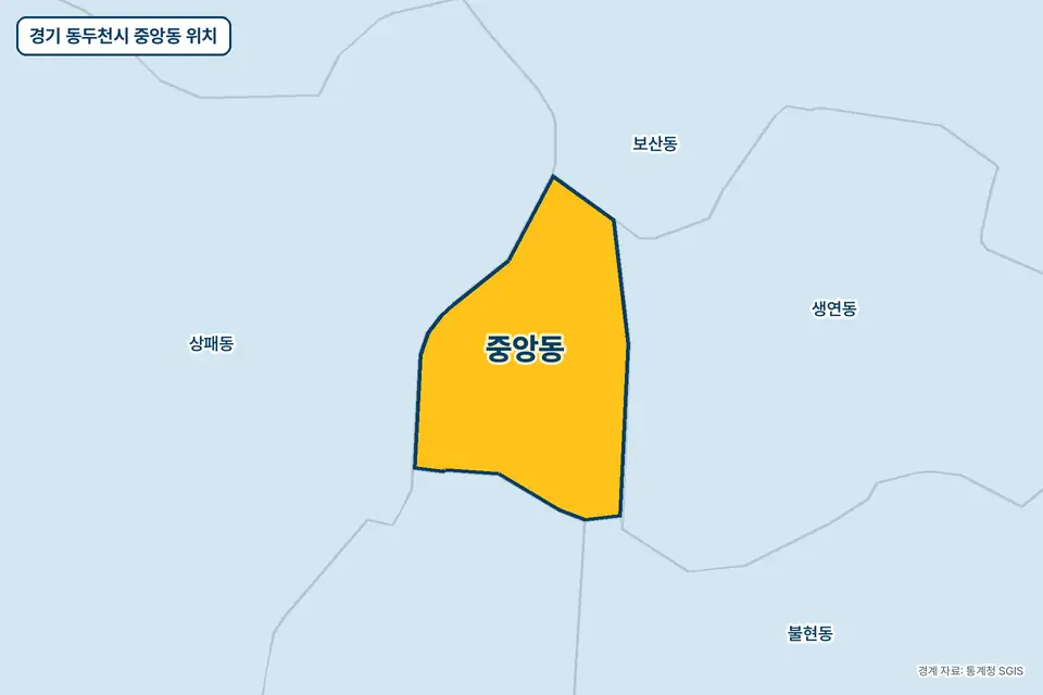 경기 동두천시 중앙동 지도 그림. 가운데 노란 부분이 중앙동이고 주변에 생연동, 상패동, 보산동, 불현동이 보인다.
