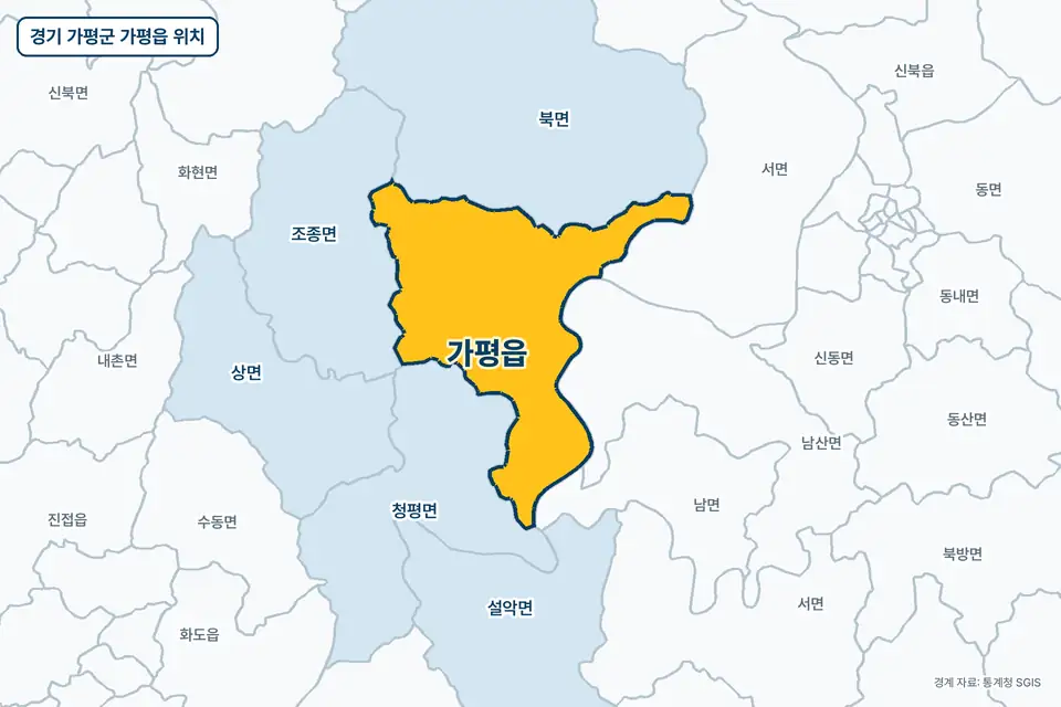 경기 가평군 가평읍 지도 그림. 가운데 노란 부분이 가평읍이고 주변에 북면, 청평면, 조종면, 서면이 보인다.