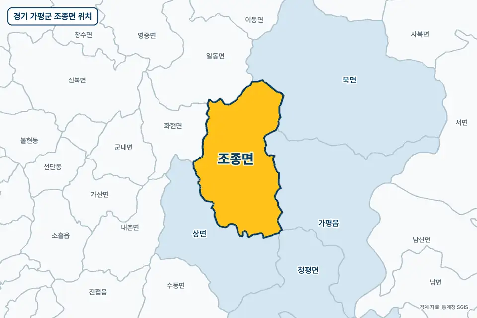경기 가평군 조종면 지도 그림. 가운데 노란 부분이 조종면이고 주변에 상면, 가평읍, 북면, 일동면이 보인다.