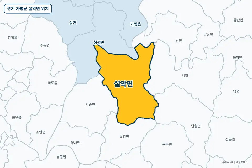경기 가평군 설악면 지도 그림. 가운데 노란 부분이 설악면이고 주변에 청평면, 옥천면, 서종면, 단월면이 보인다.