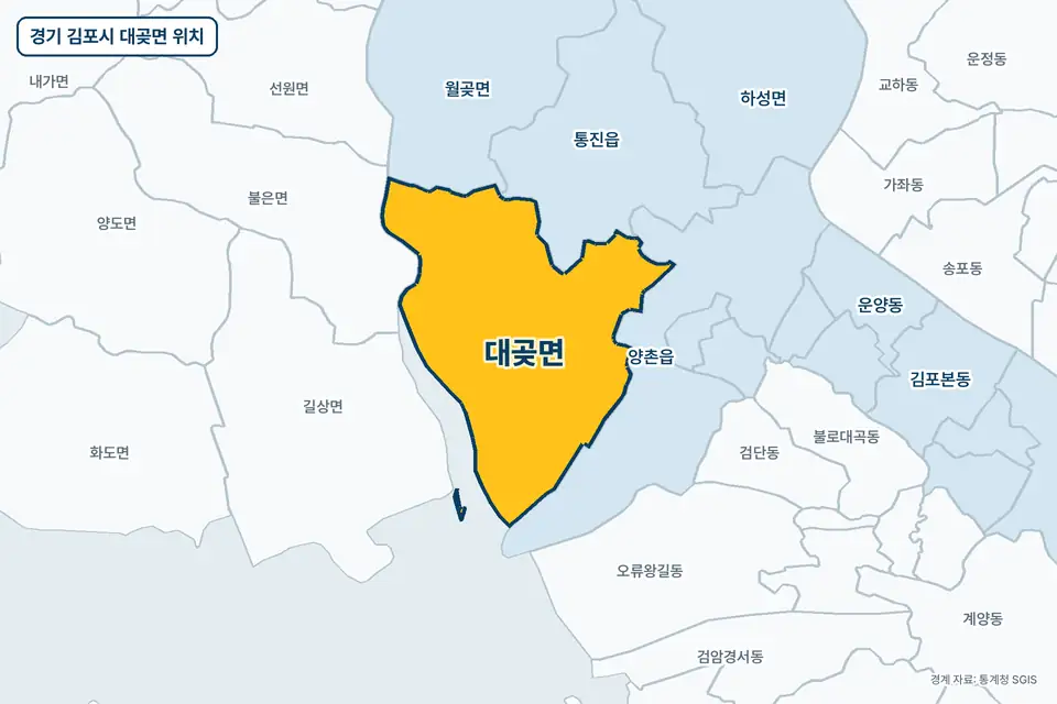 노란색으로 표시한 경기 김포시 대곶면과 그 둘레의 양촌읍, 통진읍, 불은면, 월곶면을 그린 지도 그림.