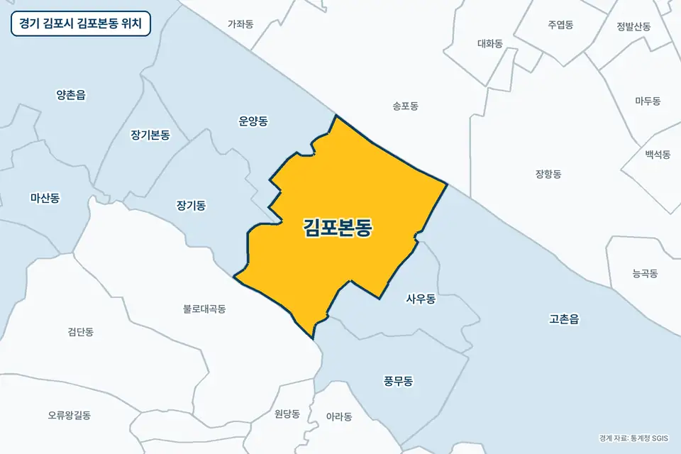 노란색으로 표시한 경기 김포시 김포본동과 그 둘레의 운양동, 사우동, 송포동, 불로대곡동을 그린 지도 그림.