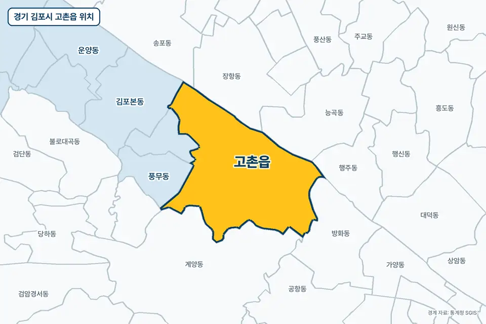 경기 김포시 고촌읍 위치 지도. 노란색으로 칠한 고촌읍 둘레에 계양동, 장항동, 방화동, 능곡동 이름이 적혀 있다.