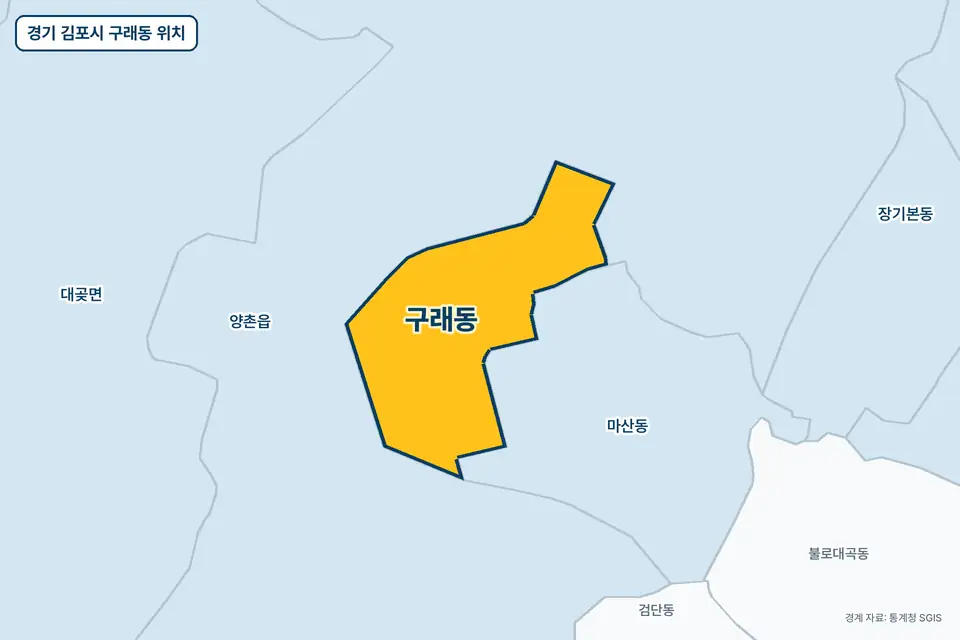 경기 김포시 구래동 위치 지도. 노란색으로 칠한 구래동 둘레에 양촌읍, 마산동, 대곶면, 불로대곡동 이름이 적혀 있다.