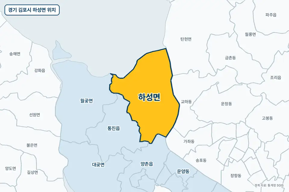 경기 김포시 하성면 위치 지도. 노란색으로 칠한 하성면 둘레에 통진읍, 교하동, 월곶면, 탄현면 이름이 적혀 있다.