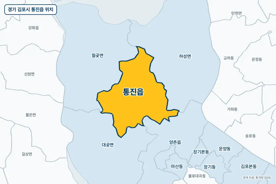 노란색으로 표시한 경기 김포시 통진읍과 그 둘레의 월곶면, 하성면, 대곶면, 양촌읍을 그린 지도 그림.