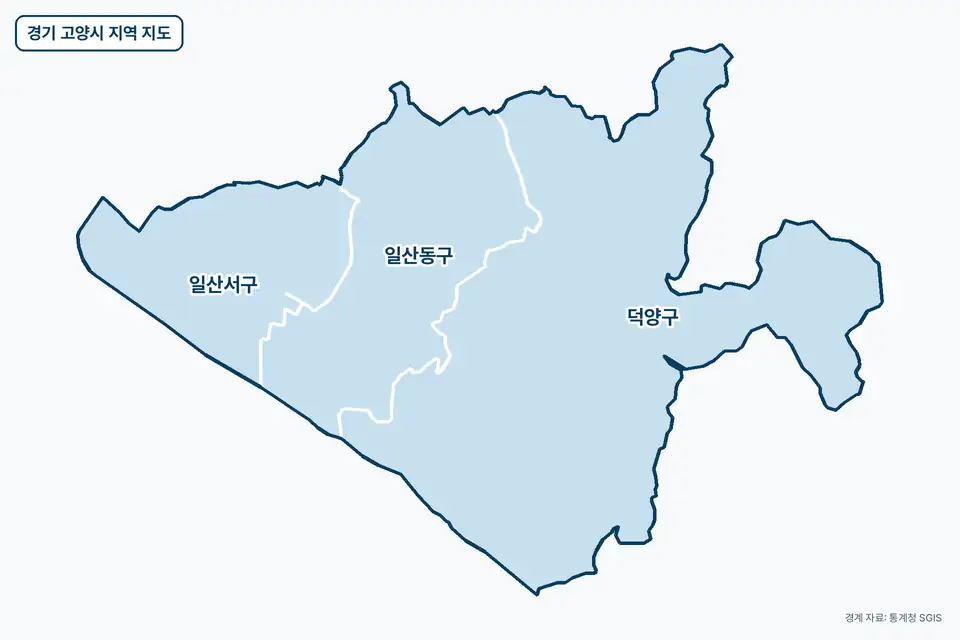 경기 고양시 지역 지도. 덕양구, 일산동구, 일산서구 등 3곳이 파란색으로 칠해져 있고 이름이 적혀 있다.
