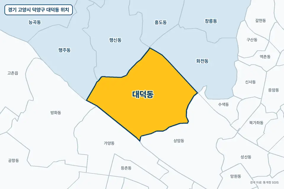 경기 고양시 덕양구 대덕동 위치 지도. 노란색으로 칠한 대덕동 둘레에 상암동, 행신동, 화전동, 가양동 이름이 적혀 있다.
