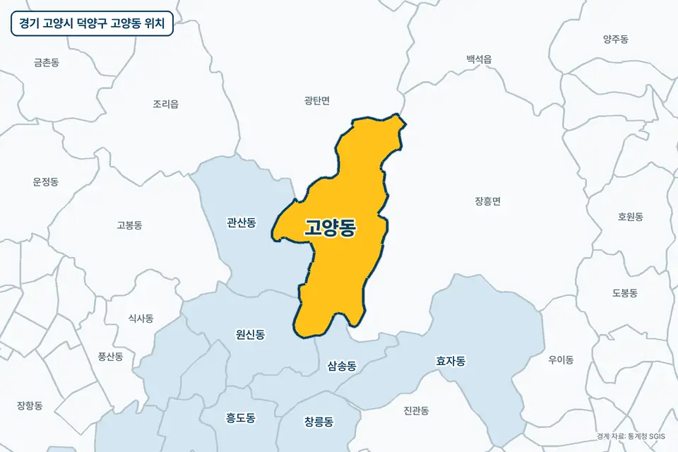 경기 고양시 덕양구 고양동 지도 그림. 가운데 노란 부분이 고양동이고 주변에 장흥면, 광탄면, 관산동, 원신동이 보인다.
