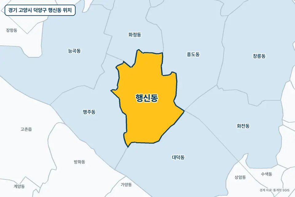 경기 고양시 덕양구 행신동 지도 그림. 가운데 노란 부분이 행신동이고 주변에 행주동, 흥도동, 대덕동, 화정동이 보인다.