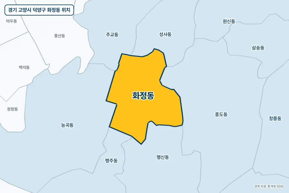 경기 고양시 덕양구 화정동 지도 그림. 가운데 노란 부분이 화정동이고 주변에 행신동, 흥도동, 능곡동, 성사동이 보인다.