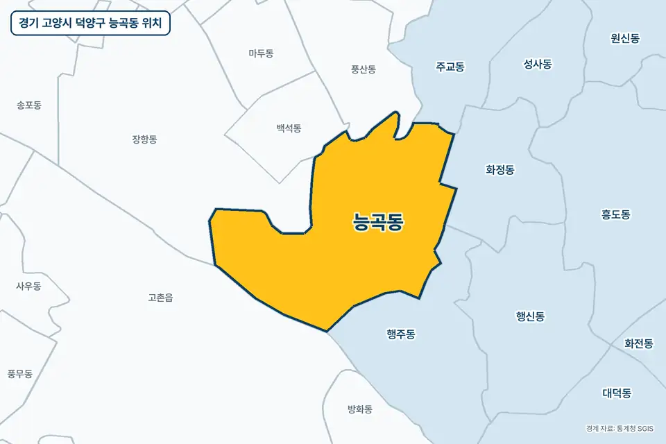 경기 고양시 덕양구 능곡동 위치 지도. 노란색으로 칠한 능곡동 둘레에 장항동, 행주동, 고촌읍, 풍산동 이름이 적혀 있다.