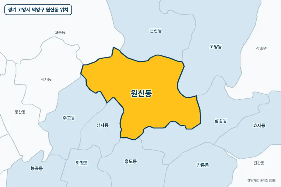 경기 고양시 덕양구 원신동 위치 지도. 노란색으로 칠한 원신동 둘레에 삼송동, 관산동, 성사동, 고양동 이름이 적혀 있다.