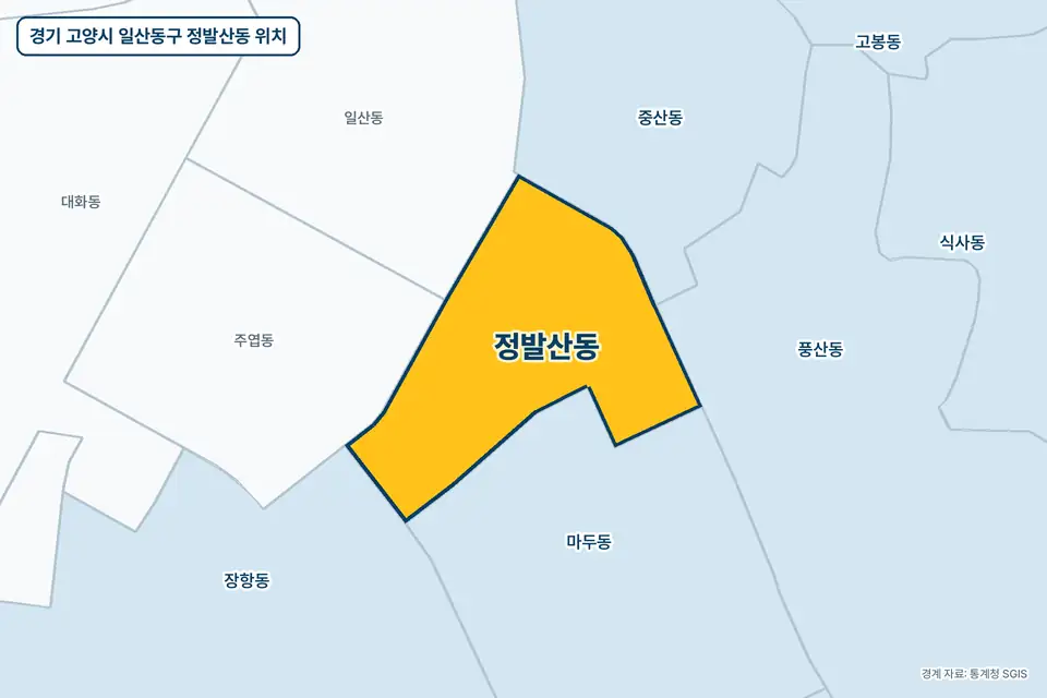 노란색으로 표시한 경기 고양시 일산동구 정발산동과 그 둘레의 마두동, 중산동, 주엽동, 일산동을 그린 지도 그림.