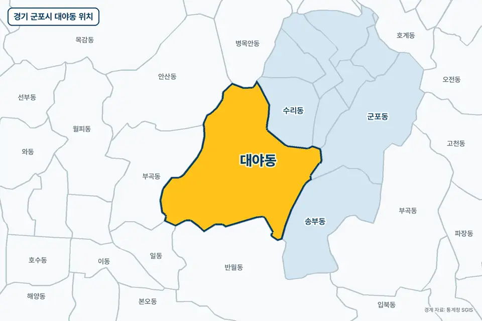 경기 군포시 대야동 위치 지도. 노란색으로 칠한 대야동 둘레에 반월동, 부곡동, 수리동, 송부동 이름이 적혀 있다.