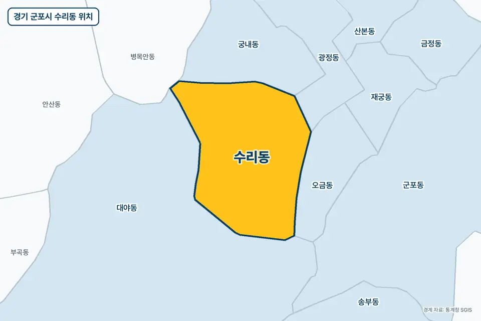 노란색으로 표시한 경기 군포시 수리동과 그 둘레의 대야동, 궁내동, 오금동, 광정동을 그린 지도 그림.