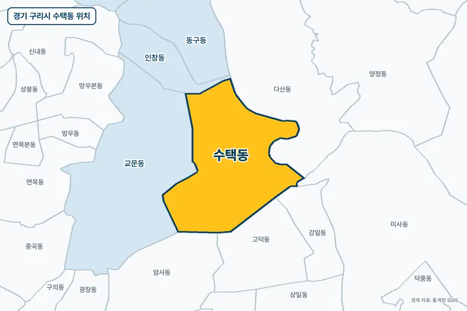 경기 구리시 수택동 위치 지도. 노란색으로 칠한 수택동 둘레에 다산동, 교문동, 고덕동, 인창동 이름이 적혀 있다.