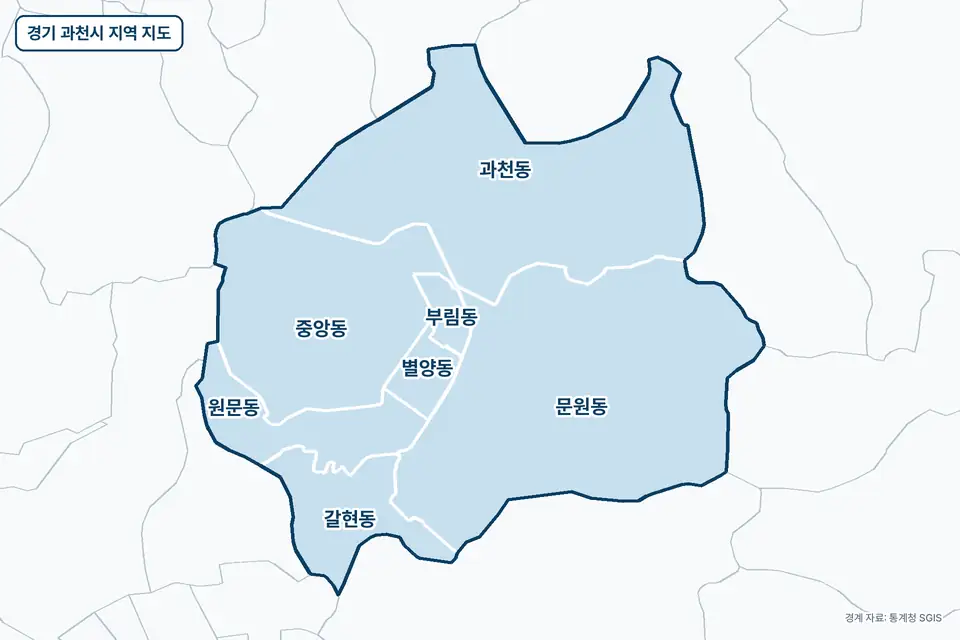파란색으로 칠한 경기 과천시 지도 그림. 문원동, 과천동, 중앙동, 갈현동을 비롯한 7곳의 경계와 이름이 보인다.