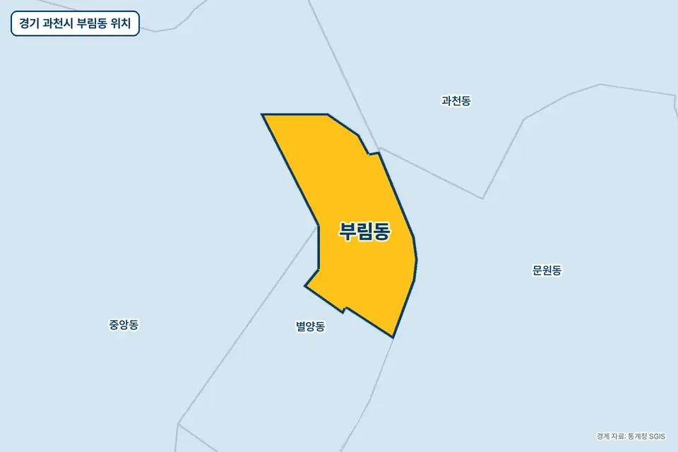 경기 과천시 부림동 위치 지도. 노란색으로 칠한 부림동 둘레에 중앙동, 문원동, 별양동, 과천동 이름이 적혀 있다.