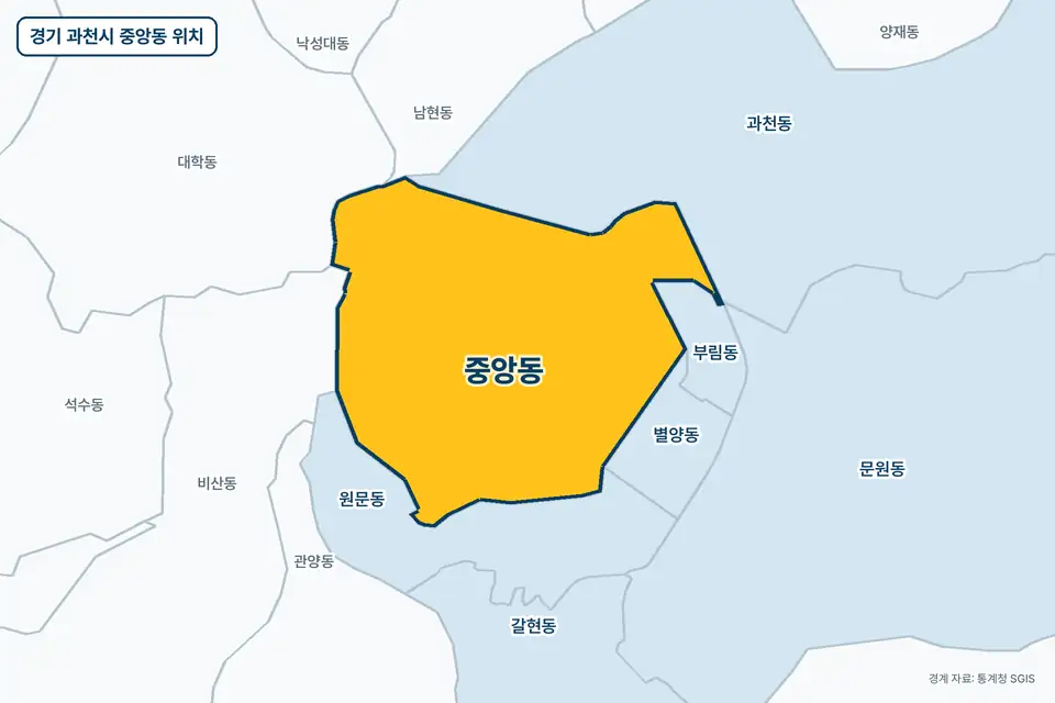경기 과천시 중앙동 위치 지도. 노란색으로 칠한 중앙동 둘레에 과천동, 원문동, 부림동, 별양동 이름이 적혀 있다.