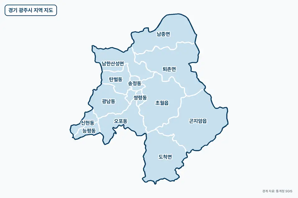 파란색으로 칠한 경기 광주시 지도 그림. 곤지암읍, 퇴촌면, 초월읍, 도척면을 비롯한 14곳의 경계와 이름이 보인다.