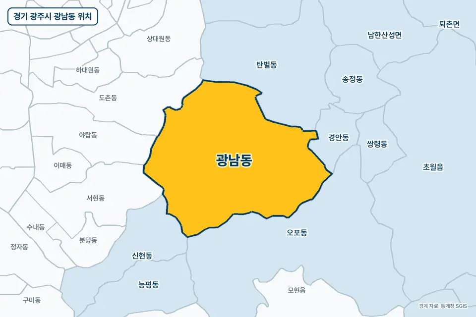 경기 광주시 광남동 위치 지도. 노란색으로 칠한 광남동 둘레에 오포동, 탄벌동, 도촌동, 경안동 이름이 적혀 있다.