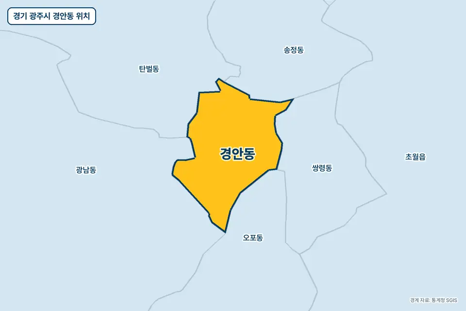 노란색으로 표시한 경기 광주시 경안동과 그 둘레의 광남동, 탄벌동, 오포동, 송정동을 그린 지도 그림.