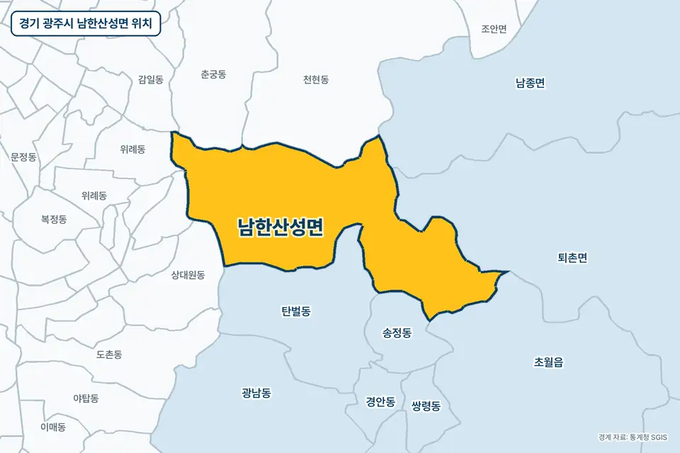 경기 광주시 남한산성면 위치 지도. 노란색으로 칠한 남한산성면 둘레에 탄벌동, 퇴촌면, 천현동, 초월읍 이름이 적혀 있다.