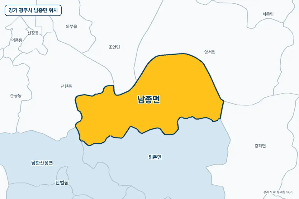 경기 광주시 남종면 지도 그림. 가운데 노란 부분이 남종면이고 주변에 퇴촌면, 양서면, 천현동, 조안면이 보인다.