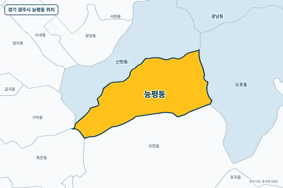 경기 광주시 능평동 위치 지도. 노란색으로 칠한 능평동 둘레에 신현동, 모현읍, 오포동, 죽전동 이름이 적혀 있다.