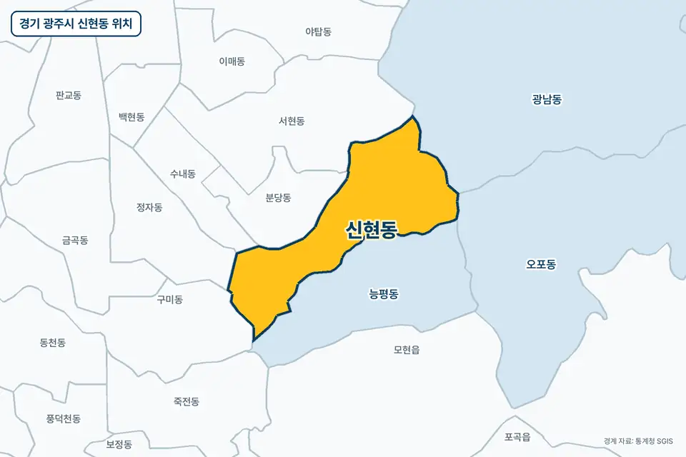 노란색으로 표시한 경기 광주시 신현동과 그 둘레의 능평동, 분당동, 서현동, 광남동을 그린 지도 그림.