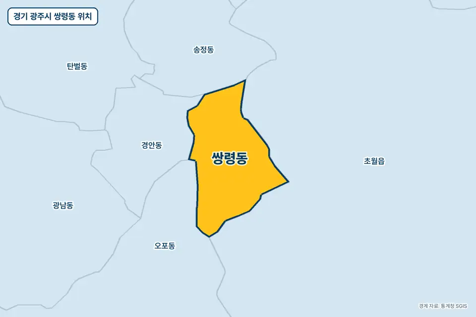 경기 광주시 쌍령동 지도 그림. 가운데 노란 부분이 쌍령동이고 주변에 초월읍, 오포동, 경안동, 송정동이 보인다.