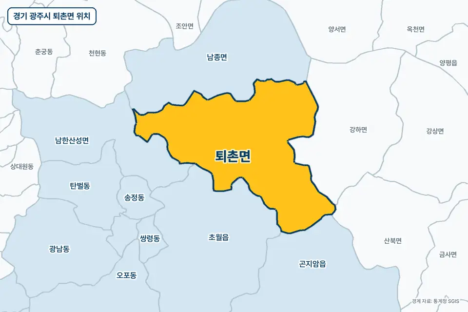경기 광주시 퇴촌면 위치 지도. 노란색으로 칠한 퇴촌면 둘레에 남종면, 강하면, 초월읍, 남한산성면 이름이 적혀 있다.