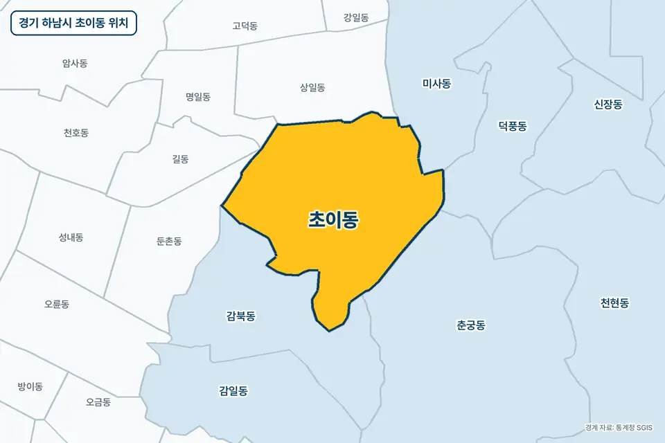 노란색으로 표시한 경기 하남시 초이동과 그 둘레의 감북동, 상일동, 춘궁동, 미사동을 그린 지도 그림.
