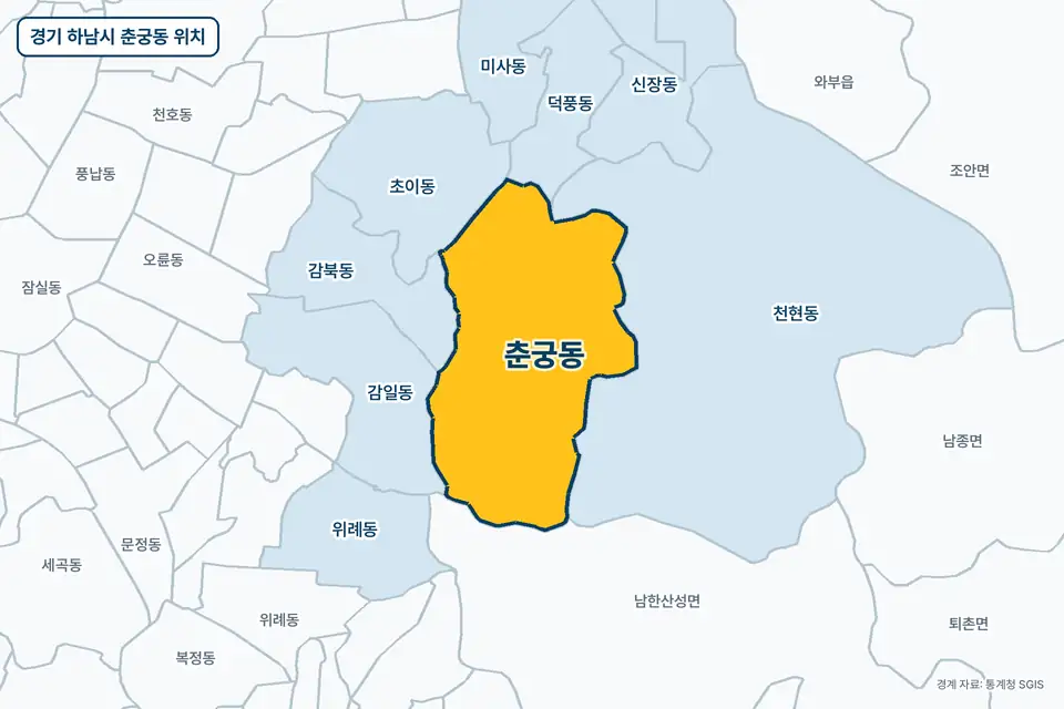 경기 하남시 춘궁동 위치 지도. 노란색으로 칠한 춘궁동 둘레에 천현동, 남한산성면, 감북동, 감일동 이름이 적혀 있다.