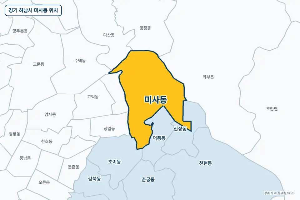 노란색으로 표시한 경기 하남시 미사동과 그 둘레의 덕풍동, 신장동, 와부읍, 다산동을 그린 지도 그림.