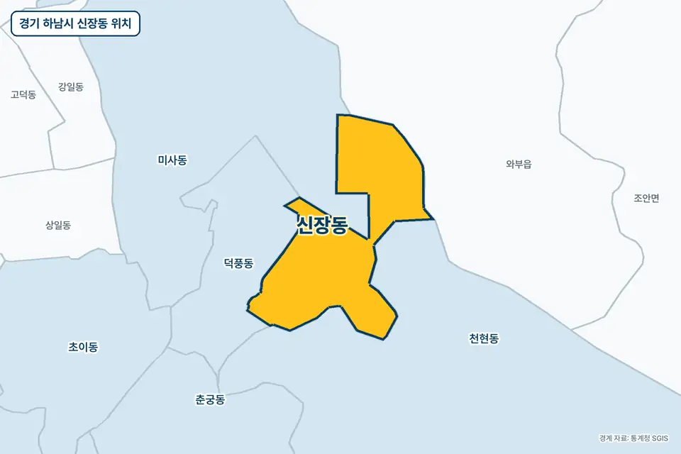 경기 하남시 신장동 위치 지도. 노란색으로 칠한 신장동 둘레에 천현동, 미사동, 덕풍동, 와부읍 이름이 적혀 있다.