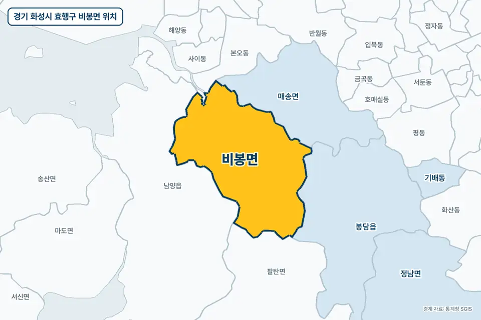 경기 화성시 효행구 비봉면 위치 지도. 노란색으로 칠한 비봉면 둘레에 남양읍, 매송면, 봉담읍, 팔탄면 이름이 적혀 있다.