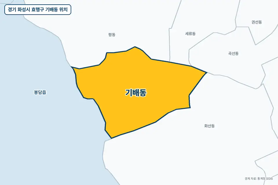 노란색으로 표시한 경기 화성시 효행구 기배동과 그 둘레의 화산동, 평동, 봉담읍, 세류동을 그린 지도 그림.