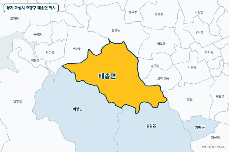노란색으로 표시한 경기 화성시 효행구 매송면과 그 둘레의 비봉면, 본오동, 봉담읍, 반월동을 그린 지도 그림.