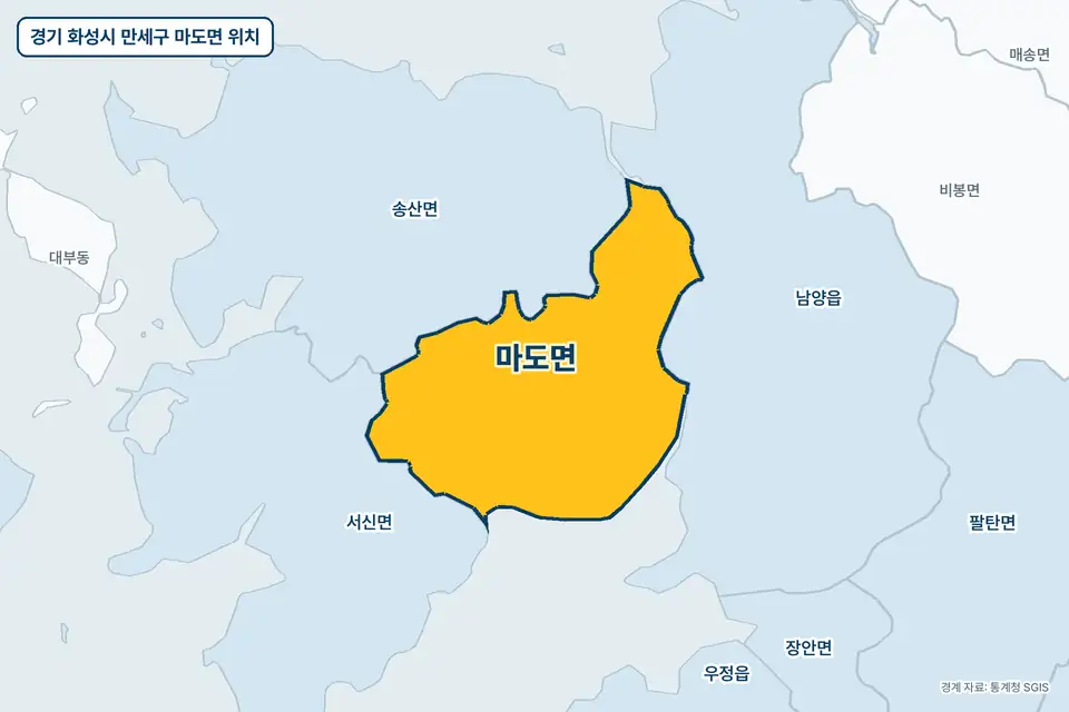 경기 화성시 만세구 마도면 지도 그림. 가운데 노란 부분이 마도면이고 주변에 송산면, 남양읍, 서신면, 비봉면이 보인다.